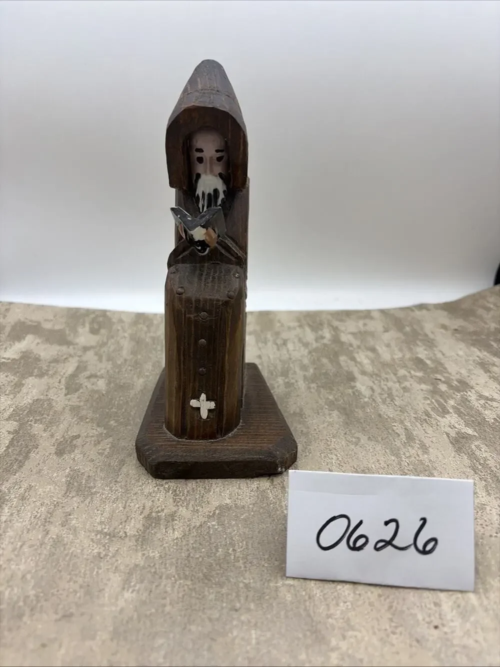 Vintage Hand Carved Wood Monk Friar Reading Book Figure Religious Folk Art 8”